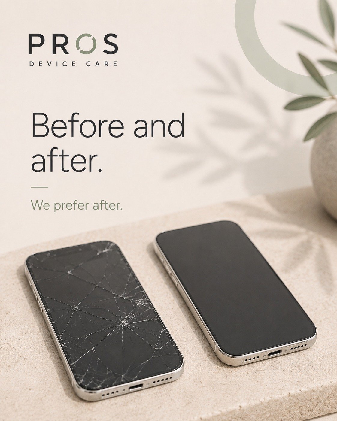 Before and after phone screen repair by PROS Device Care