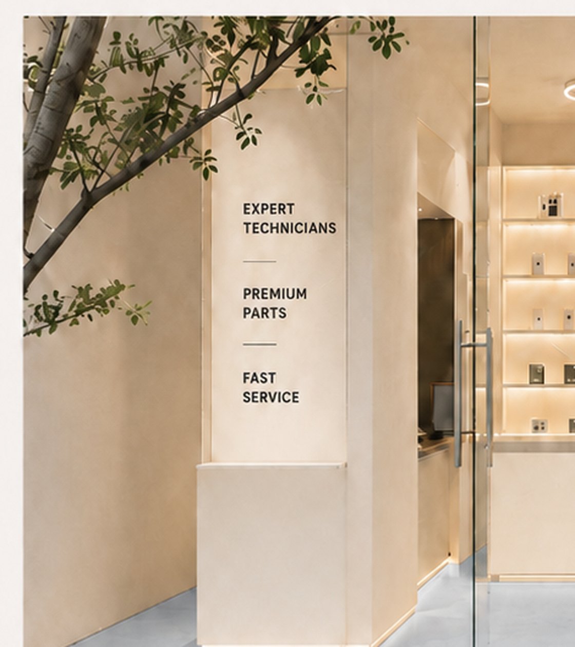PROS Device Care entrance in Pererenan with warm ivory walls, glass frontage and the signature soft blue floor