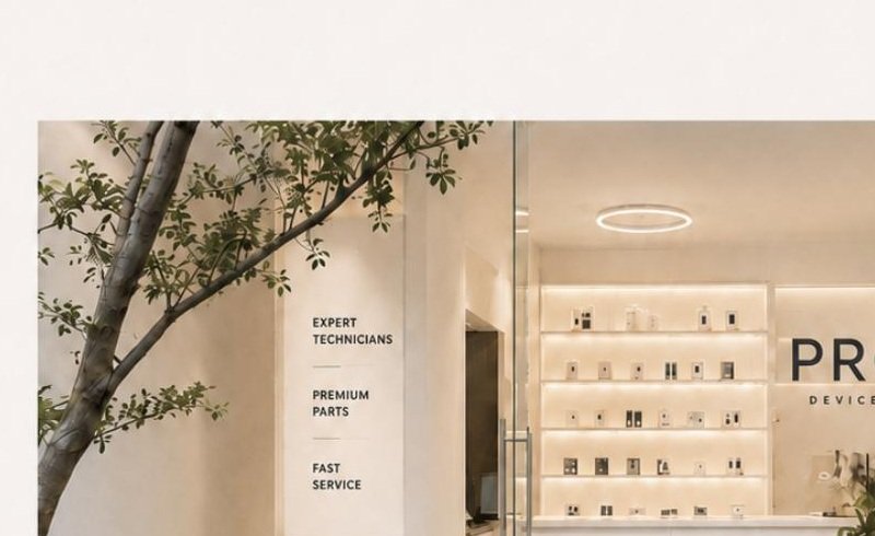PROS Device Care shop interior in Pererenan with soft blue floor, warm lighting and backlit display shelves